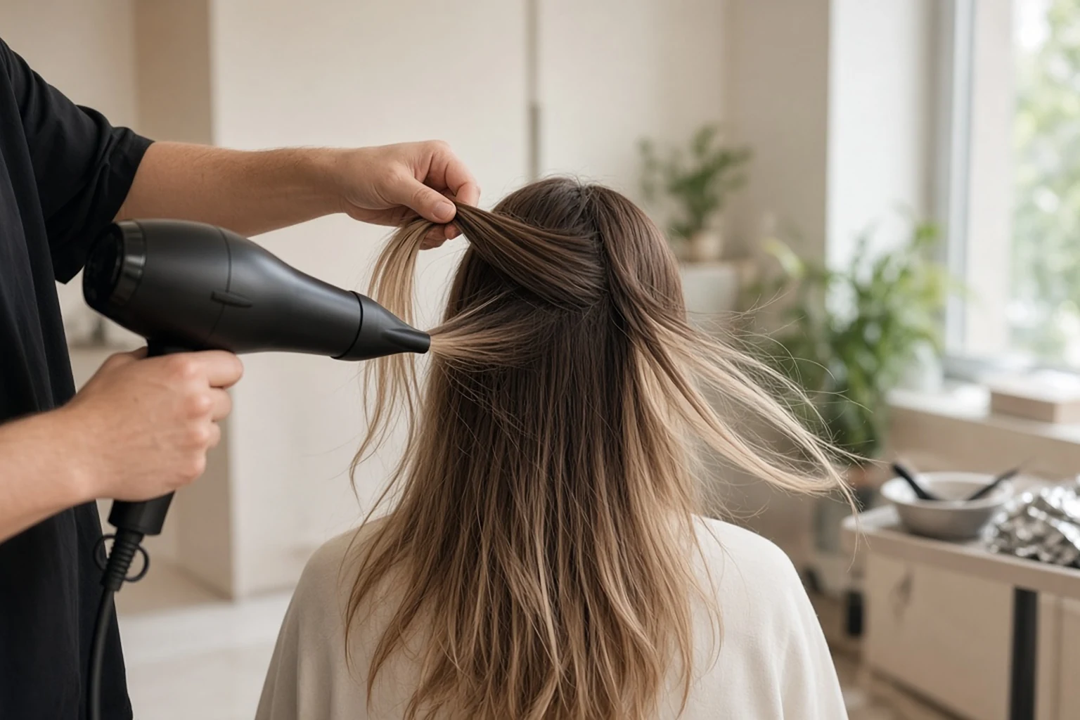 Stylistka rozdziela suszarką pasmo włosów przed rozjaśnianiem techniką Air Touch